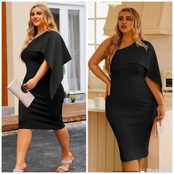 Elegant One Shoulder Layered Irregular Sleeve Black  Midi Dress - Picture 1 of 13